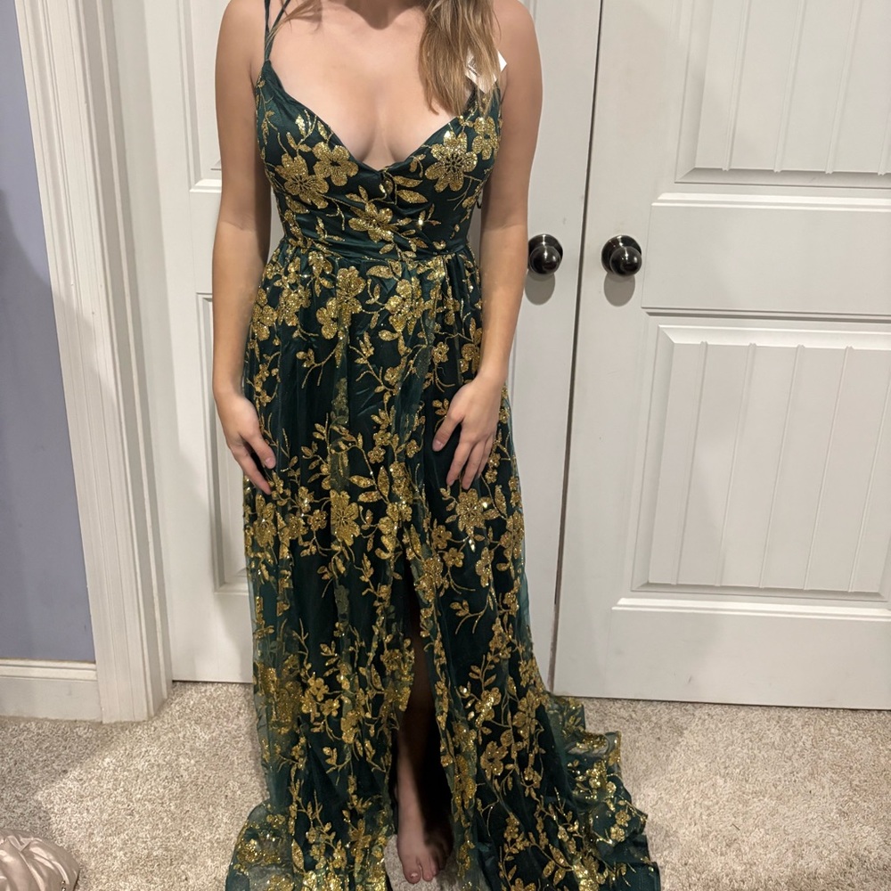 Green and Gold Floral Evening Gown with Spaghetti Straps